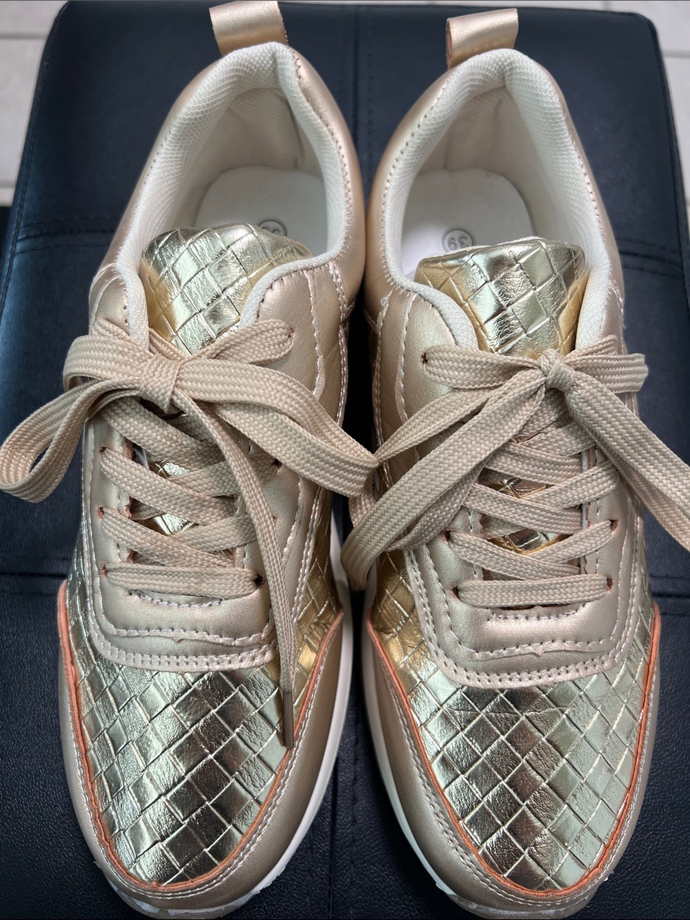 Metallic Gold Quilted Fashion Sneakers - Size 8 in Excellent Condition